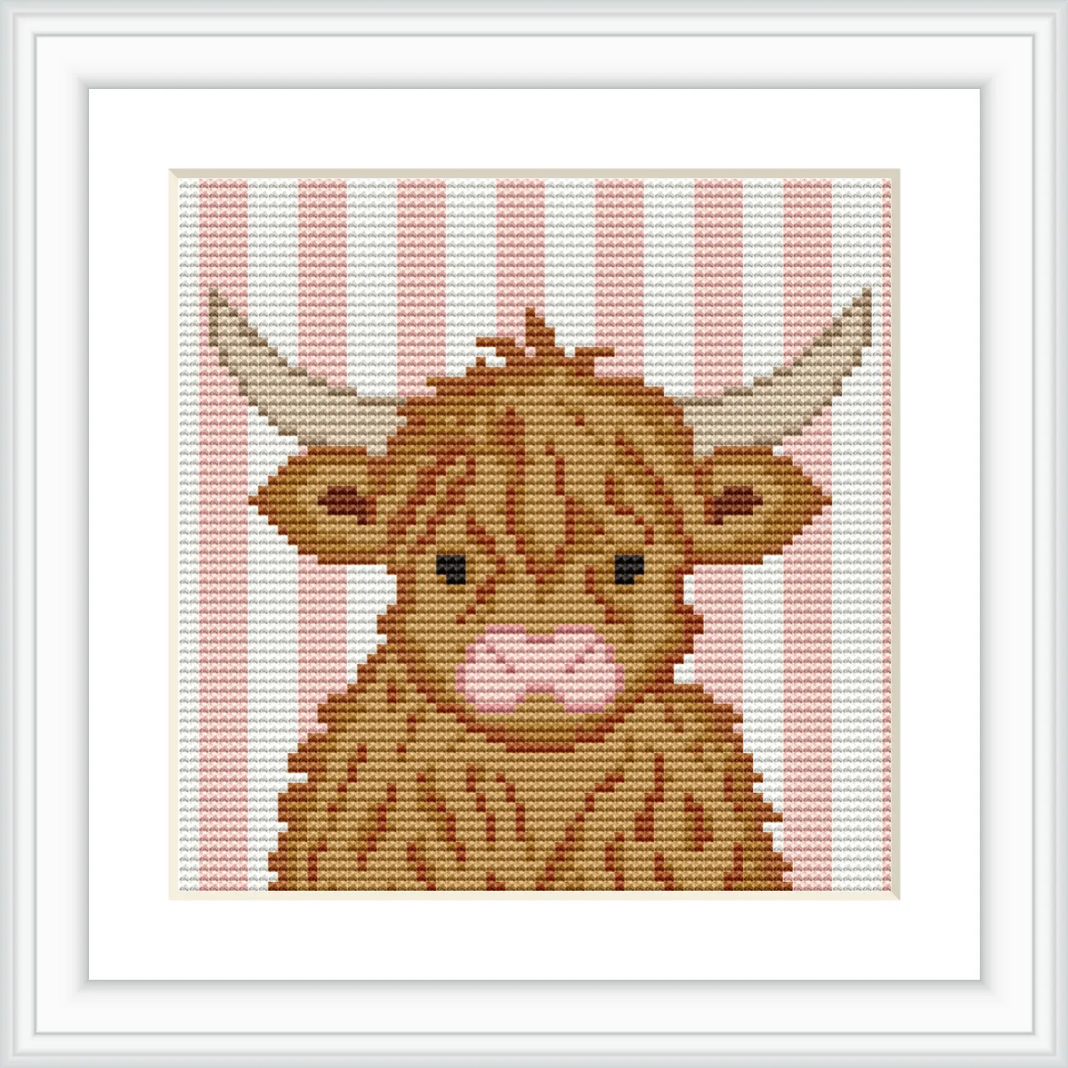 The image depicts a cross-stitched Highland cow with large horns and a fluffy coat, set against a background of pink and white vertical stripes.